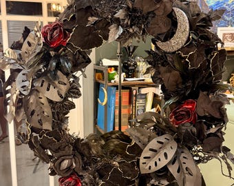 Halloween Black Rose Wreath with Crow, Crescent Moon, and LED Lights