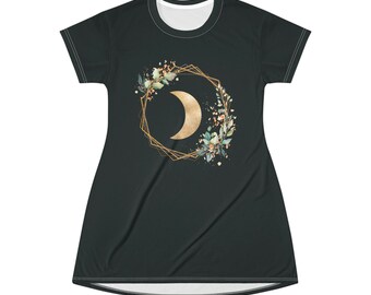 Crescent Gold Moon T-Shirt Dress, Celestial Summer Casual