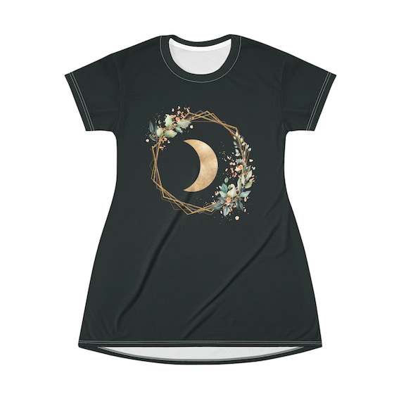 moon t shirt dress Crescent Gold Moon T-Shirt Dress, Celestial Summer Casual