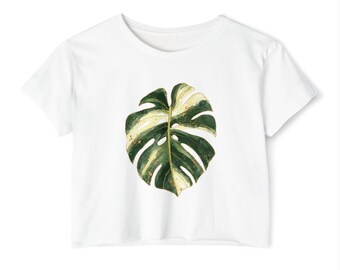 Albo Monstera Leaf with Golden Accents Crop Top | Tropical Botanical Tee