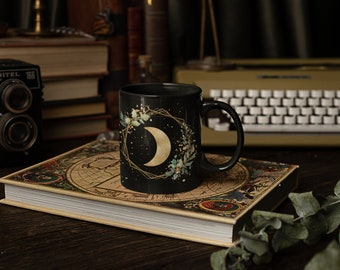 Floral Gold Moon Black Mug, Celestial Coffee Cup