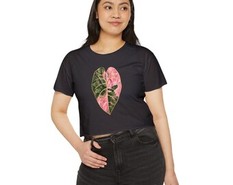 Pink Variegated Watsoniana Golden Accents Leaf Crop Top | Botanical Floral Nature Tee