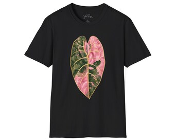 Pink Watsoniana Alocasia Illustration T-Shirt | Bold Botanical Design with Gold Accents