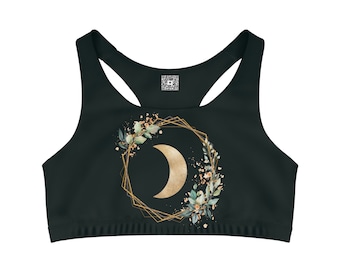 Geometric Gold Moon Sports Bra, Celestial Crescent Design