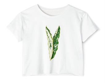 Albo Trigrina Alocasia Golden Accents Leaf Crop Top | Minimal Botanical Shirt