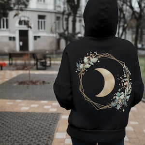 Geometric Gold Moon Unisex Zip Hoodie / Zip Up Celestial Crescent Moon Womens Mens Hoodie Black Comfortable Sweatshirt Unique Gift Design