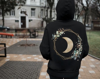 Geometric Gold Moon Zip Hoodie - Celestial Fleece Sweatshirt