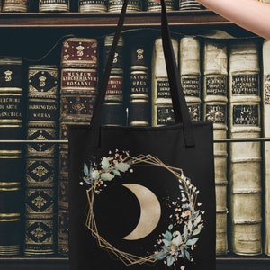 Geometric Floral Moon Eco Tote Bag / Aesthetic Gifts Unique Custom Design Celestial Theme Canvas Tote Bag Large XL Gift Everyday Durable