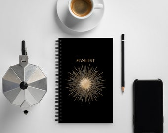 Manifest Gold Spiral notebook / Journal Blank Lined Notepad Custom Manifestation Design Black and Gold Celestial Moon Sun Custom Stationary