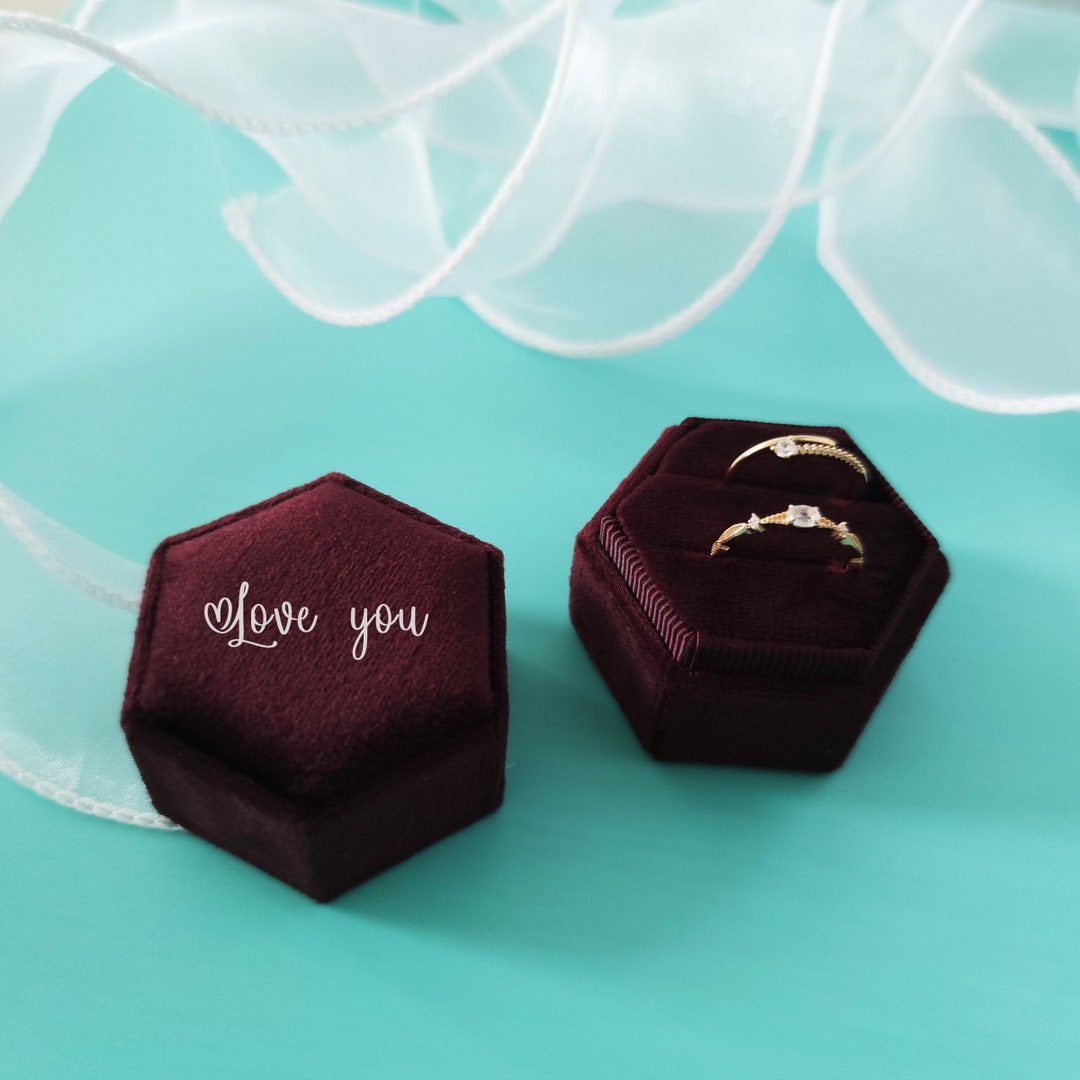 Personalized Velvet Hexagon Ring Box Burgundy Custom Ring Box Double