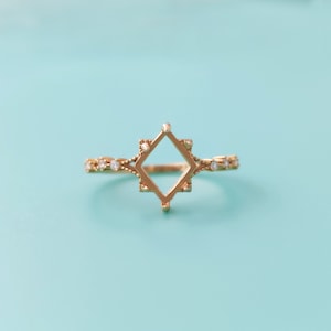 Solid Gold Retro Rhombus Blank Ring Setting, 10k 14k Gold Ring, Keepsake Breastmilk Ashes Hair Resin Jewelry Blank Components