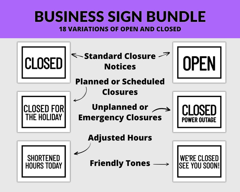 Printable Open and Closed Sign Bundle: 18 Business Sign Variations (PDF ...