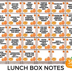 Könnte beinhalten: Ein Set von 30 Lunchbox-Notizen mit herbstlichen Illustrationen von Kürbissen und Herbstblättern. Jede Karte enthält eine positive Botschaft oder ein Wortspiel, wie "You're a-Maize-ing, Pumpkin!" und "Have a Pumpkin-tastic Day!"