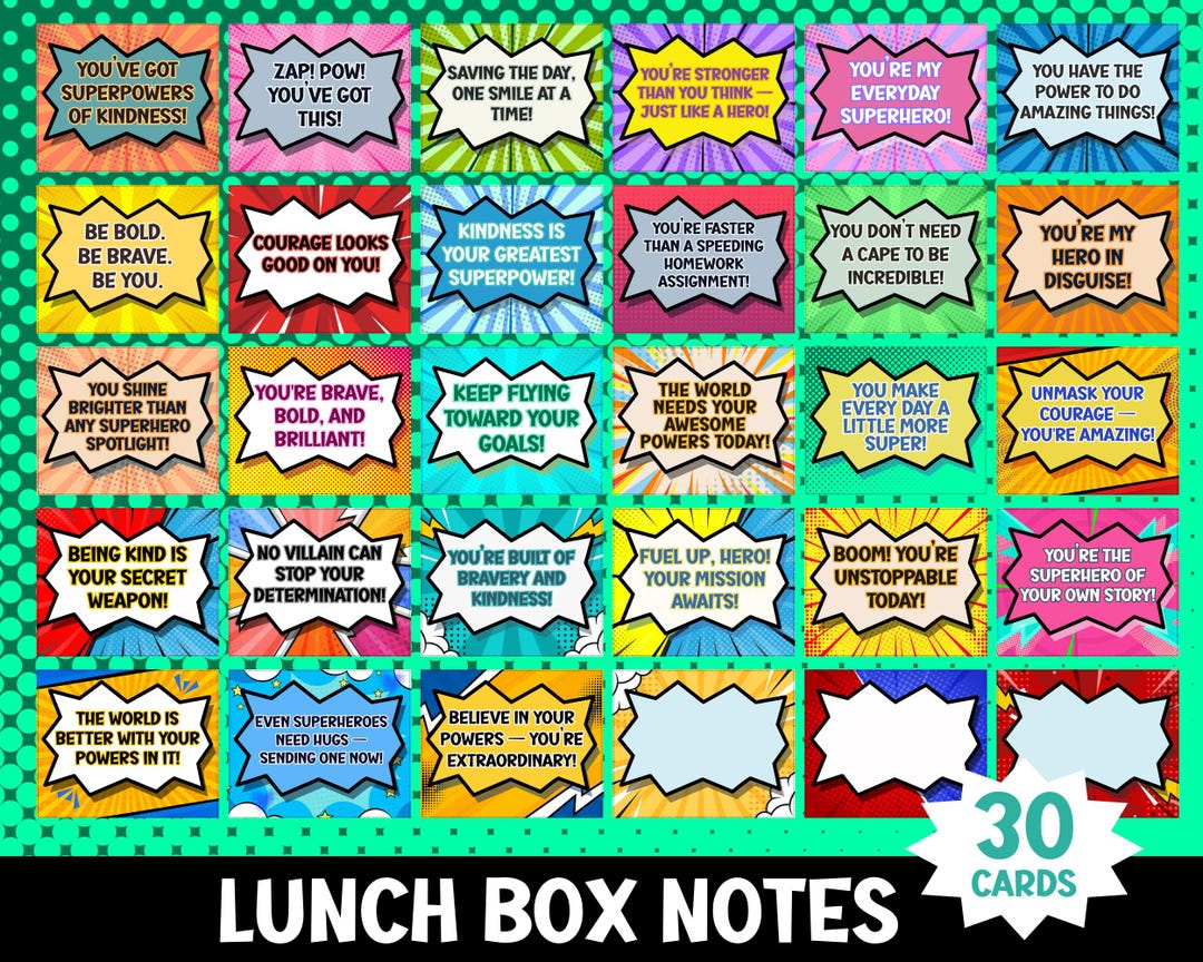 Superhero Lunch Box Notes for Kids – 30 Printable Motivational Note ...