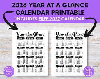 Puede incluir: Dos calendarios imprimibles de 2026 de un vistazo en papel blanco. Los calendarios son en blanco y negro, con el texto "Year at a Glance" en la parte superior. Los meses se enumeran en la parte superior, con los días del mes debajo.