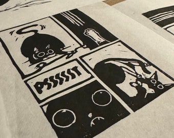 Cat shenanigans Linoprint