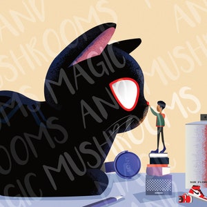 May include: A black cat with red eyes and a pink nose is looking at a small person wearing a green jacket and blue pants. The person is standing on a stack of books. The cat is surrounded by text that says "Magic and Mushrooms".