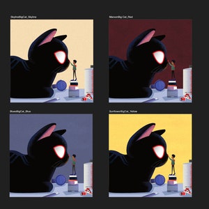 May include: A black cat with red eyes is shown in four different color backgrounds: yellow, blue, red, and gray. A small person is standing on a stack of boxes and looking up at the cat.