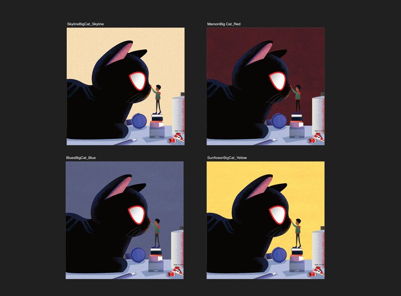 May include: A black cat with red eyes is shown in four different color backgrounds: yellow, blue, red, and gray. A small person is standing on a stack of boxes and looking up at the cat.