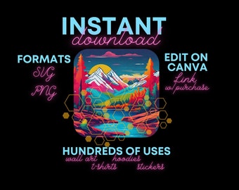 Escena de montaña moderna retro - Descarga digital y enlace Canva para editar