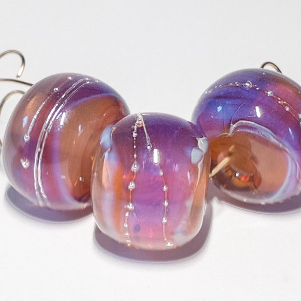 SRA-C-98,CiM Aubergine Misty Purple Misty Opal Glass, Silver Orbs, Silver Glass, Fine Silver Wire Wrap Handmade Glass Beads by Pendragonfyre