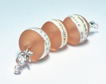 3 Peach Pink Silvered Ivory Fine Silver Tumbled Etched Beads - 12.9mm to 13mm (hole to hole)