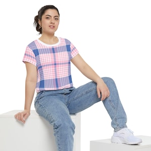 Women&#39;s Preppy Plaid Shirt, Tartan Pink & Blue Tshirt, Fall Flannel Blouse, Cross Stitch Pattern Top, Buffalo Plaid Tee, Easter Plaid S-4XL
