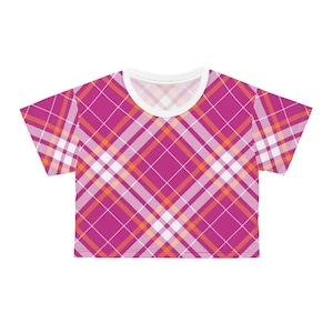 Autumn Aesthetic Plaid Tartan Outfit Fall Barbie Pink Crop Top Flannel Tshirt Cross Stitch Pattern Women&#39;s Cute Christmas Casual Tee
