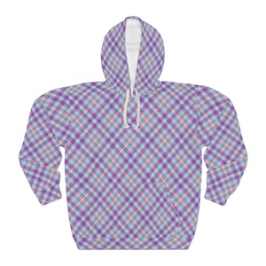 Preppy Purple Plaid Unisex Essentials Hoodie, Tartan Hooded Sweater, Flannel Pullover Crewneck Sweatshirt, Men&#39;s and Women&#39;s Quilted Jacket