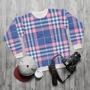 Preppy Plaid Sweater, Tartan Shirt in Pink and Blue, Fall Flannel Pullover Crewneck Sweatshirt, Unisex Jumper, Argyle Pattern Jacket