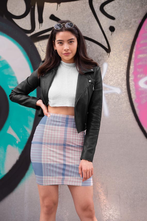 Autumn Aesthetic Plaid Tartan Skirt Outfit Fall Pink and Blue Flannel Cross Stitch Pattern Women s Cute Christmas Casual Pencil Skirt XS 2XL Etsy
