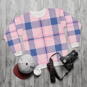 Preppy Plaid Sweater, Tartan Shirt in Pink and Blue, Fall Flannel Pullover Crewneck Sweatshirt, Unisex Jumper, Argyle Pattern Jacket