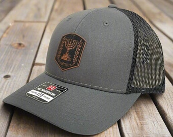Israel Emblem Leather Patch Hat - Charcoal 112 Mid, Black Patch
