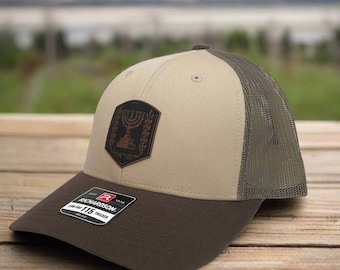 Israel Emblem Leather Patch Hat - Tan 115 Low, Black Patch