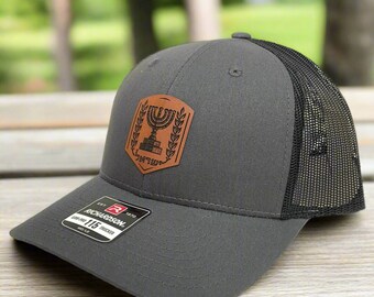 Israel Emblem Leather Patch Hat - Charcoal 112 Mid, Brown Patch