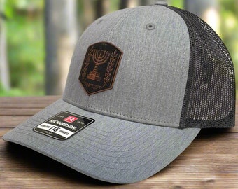 Israel Emblem Leather Patch Hat - Grey 115 Low, Black Patch