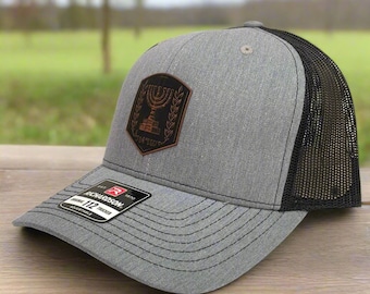 Israel Emblem Leather Patch Hat - Grey 112 Mid, Black Patch