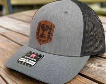 Israel Emblem Leather Patch Hat - Grey 115 Low, Brown Patch