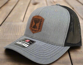 Israel Emblem Leather Patch Hat - Grey 112 Mid, Brown Patch