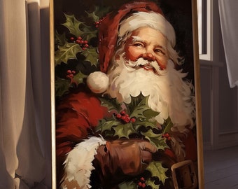 Santa Art Print, Retro Santa Claus Portrait Painting, Printable Wall Art, Vintage Santa Christmas Holiday Decor, Winter Digital Print