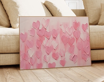 Pink Hearts Art Print, Digital Print, Valentine's Day Decor, Modern 3D Textured Heart Painting, Horizontal Wall Art, Printable Wall Art