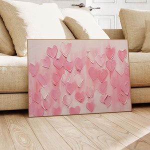 Pink Hearts Art Print, Digital Print, Valentine&#39;s Day Decor, Modern 3D Textured Heart Painting, Horizontal Wall Art, Printable Wall Art