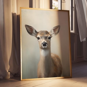 Printable Winter Reindeer Print, Christmas Wall Art, Fawn Baby Deer Painting, Digital Print, Cute Holiday Decor