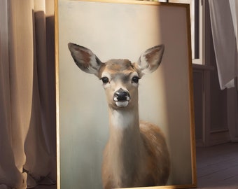 Printable Winter Reindeer Print, Christmas Wall Art, Fawn Baby Deer Painting, Digital Print, Cute Holiday Decor