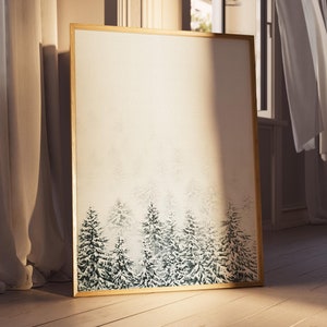 Winter Trees Print, Printable Snowy Trees Painting, Snow Covered Forest Wall Art Print, Neutral Modern Minimalist Christmas Digital Print
