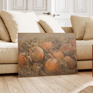 May include: A painting of a group of orange pumpkins in a field of brown leaves. The pumpkins are arranged in a pile, with some of them overlapping. The painting is done in a realistic style, with the pumpkins looking very lifelike.