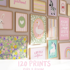 Girls Room Prints, Pastel Nursery Wall Art, Girl Playroom Gallery Wall Set, Modern Kids Poster Bundle, Fun Digital Prints Cute Animal Prints