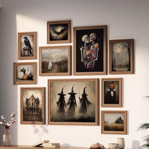 Juego de 10 impresiones de arte mural de Halloween, impresión de arte fantasmal, arte imprimible de brujas, imprimible de casa embrujada, arte de calabaza vintage de Halloween