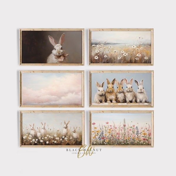 Frame TV Art Easter Set of 6, Bunny Rabbit Spring Pastel Wildflowers Painting for Samsung Frame TV, Coquette Easter Decor, Digital Download