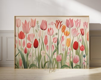 Tulpen Wand Kunst Druck, Retro Tulpe Feld Malerei, Blumen Illustration, Horizontale Druck, Moderne Tulpe druckbare Kunst, Eklektische Digitaldruck